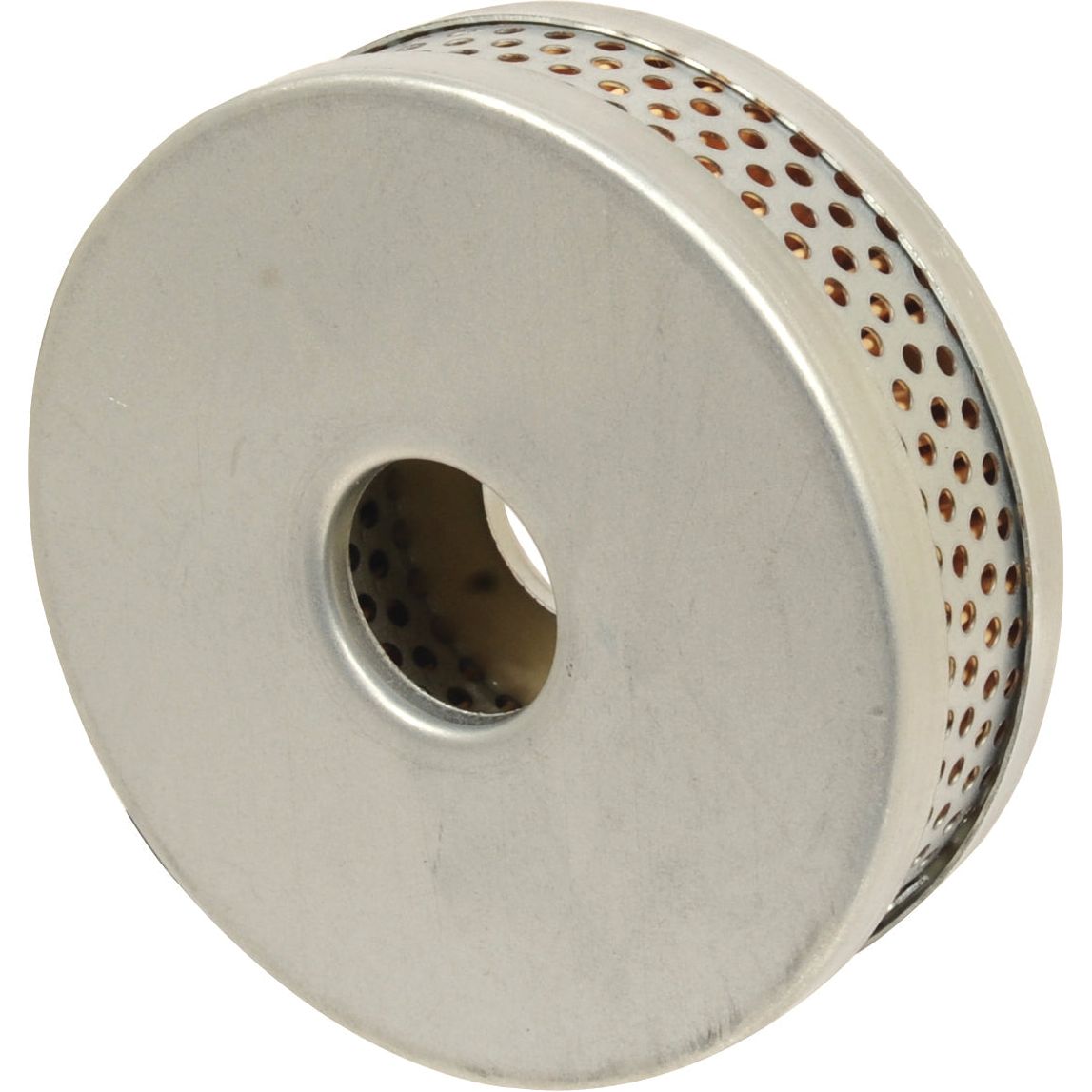 The Sparex Power Steering Filter - Element (Sparex Part No. S.66559) is a cylindrical metal filter with a central hole and perforated sides, specifically engineered for fluid or air filtration, and compatible with Case IH / International Harvester and Ford / New Holland models.