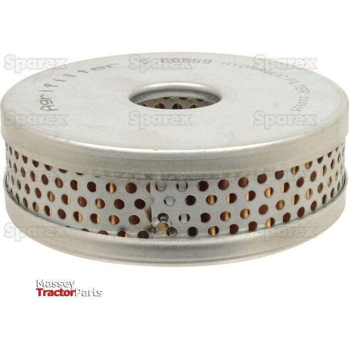 A round perforated metal filter branded with "Sparex" and featuring a Massey Tractor Parts logo in the bottom left corner, designed specifically as the Power Steering Filter - Element (Sparex Part No. S.66559) for use with Case IH / International Harvester equipment.