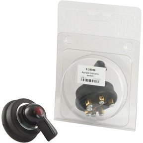 The Indicator Switch (Agripak 1 pc.), Sparex Part No. S.25059, by Sparex is displayed both outside and inside clear plastic packaging. It features a black switch with a red tip.