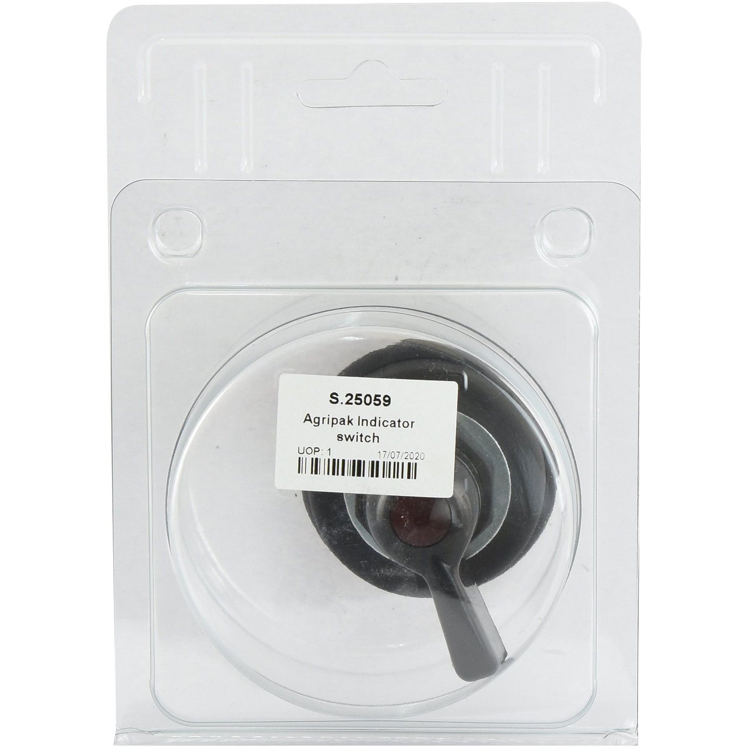A packaged Sparex Indicator Switch (Agripak 1 pc.), labeled with "S.25059." This component is housed in a clear plastic casing with a barcode and product information sticker.