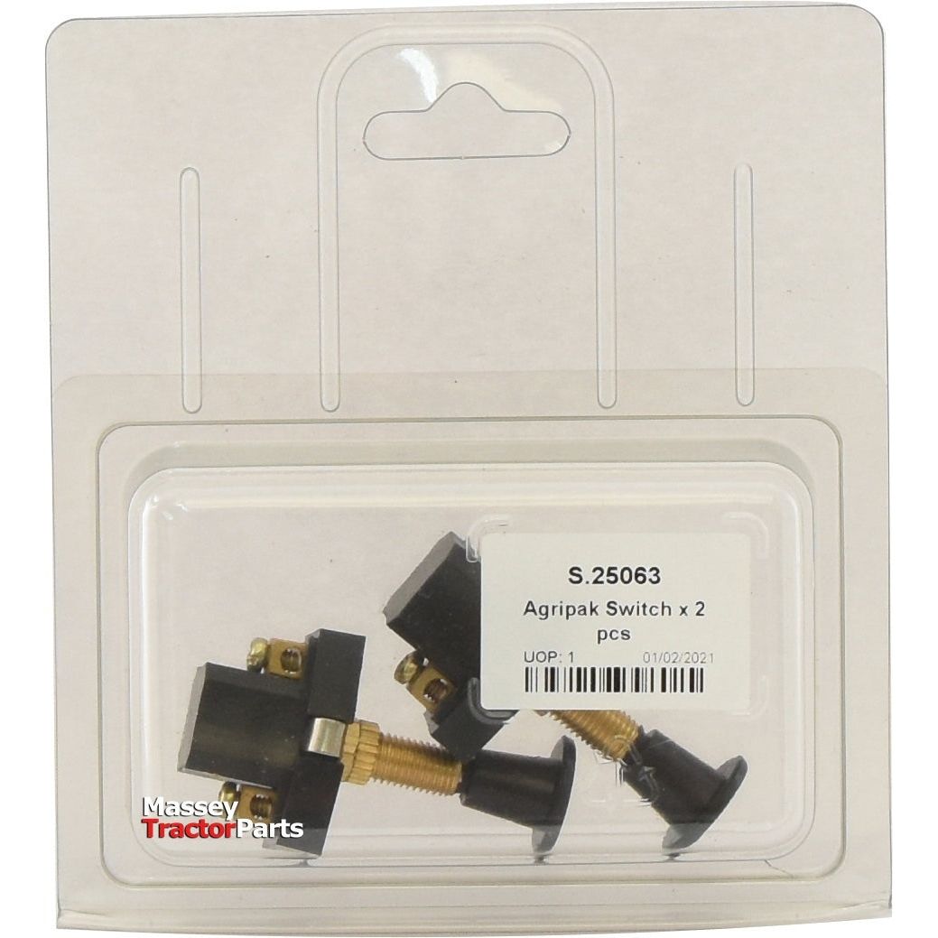 The sealed package contains two Agripak push/pull on/off fitting switches with brass components, labeled "Agripak Switch x 2 pcs | Sparex Part No. S.25063" by the brand Sparex. The transparent front clearly displays the 8mm Ø contents.