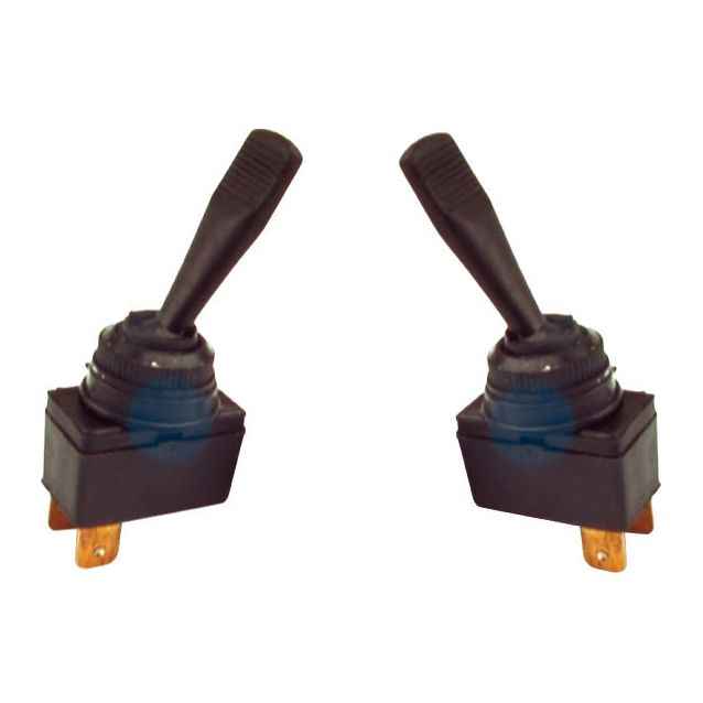 Two identical black Agripak Toggle Switches, each with ridged grips and copper terminals, positioned side by side against a white background, serve as an alternative to Sparex S.25064 (8536101090).
