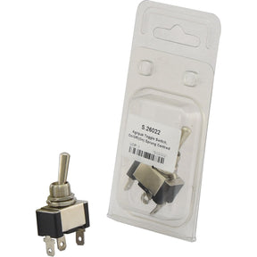 The Agripak Toggle Switch, On/Off/(On) Sprung Centred (Sparex Part No. S.26022), featuring a metallic lever and three prongs, is packaged in Metal Pack Type packaging. The packaging has a clear front and includes a Sparex label detailing the product information.