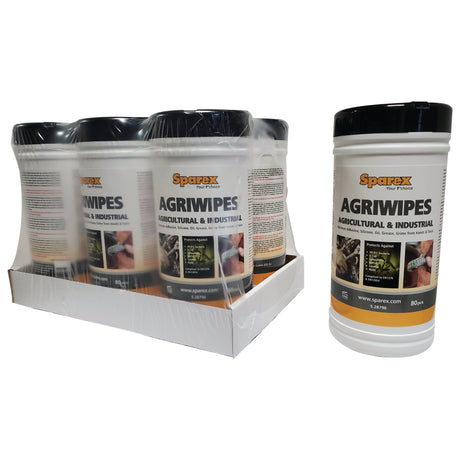 Multiple tubs of Hand Wipes - Agriwipes by Sparex (Sparex Part No. S.28796), each containing 80 wipes, are displayed on a shelf and individually labeled for agricultural and industrial use.