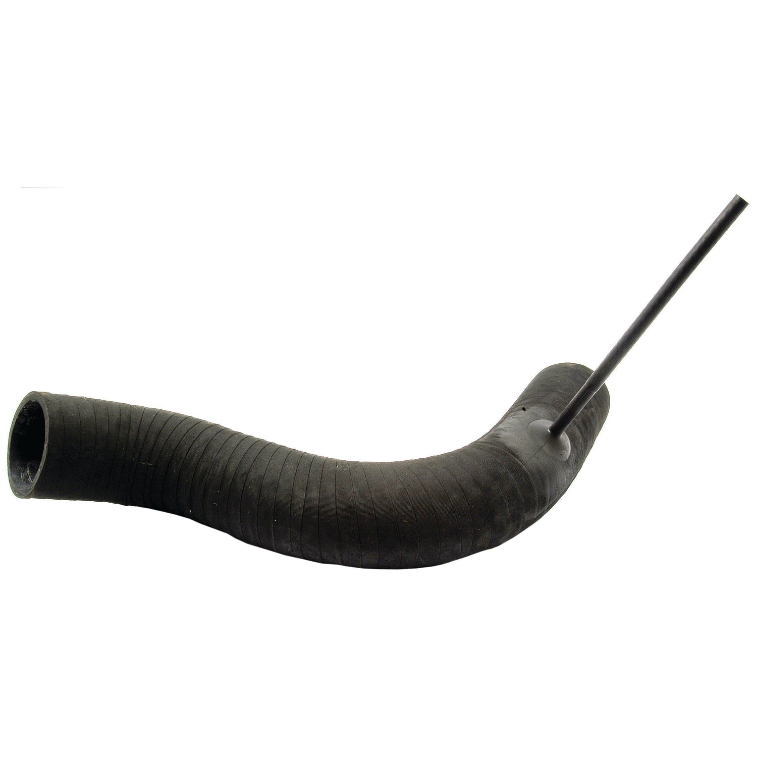 A black, curved rubber hose with ridges, pierced by a thin, straight black rod—ideal for use as the Sparex Air Cleaner Hose (Part No. S.42185) for Massey Ferguson tractors.