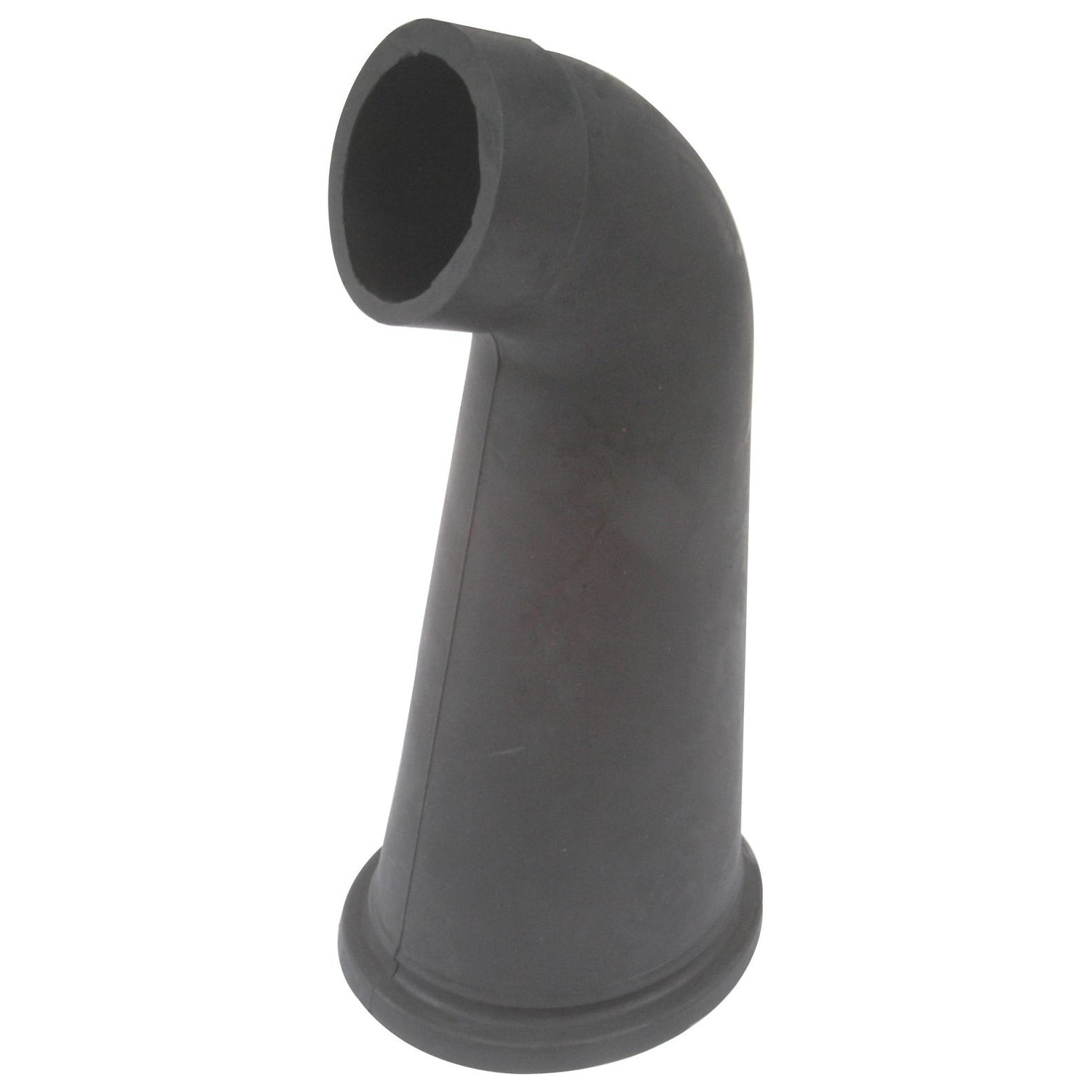 A black rubber elbow pipe with a curved design and flared ends, commonly used as an air cleaner hose in Massey Ferguson tractors, is available under the product name "Air Cleaner Hose | Sparex Part No. S.43772" by the brand Sparex.