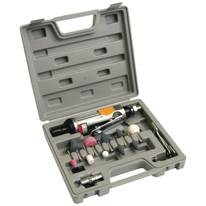 The Sparex Air Die Grinding Kit - S.39848 is a gray plastic case containing a variety of essential grinding tools, including a pneumatic die grinder and various attachments for deburring tasks.