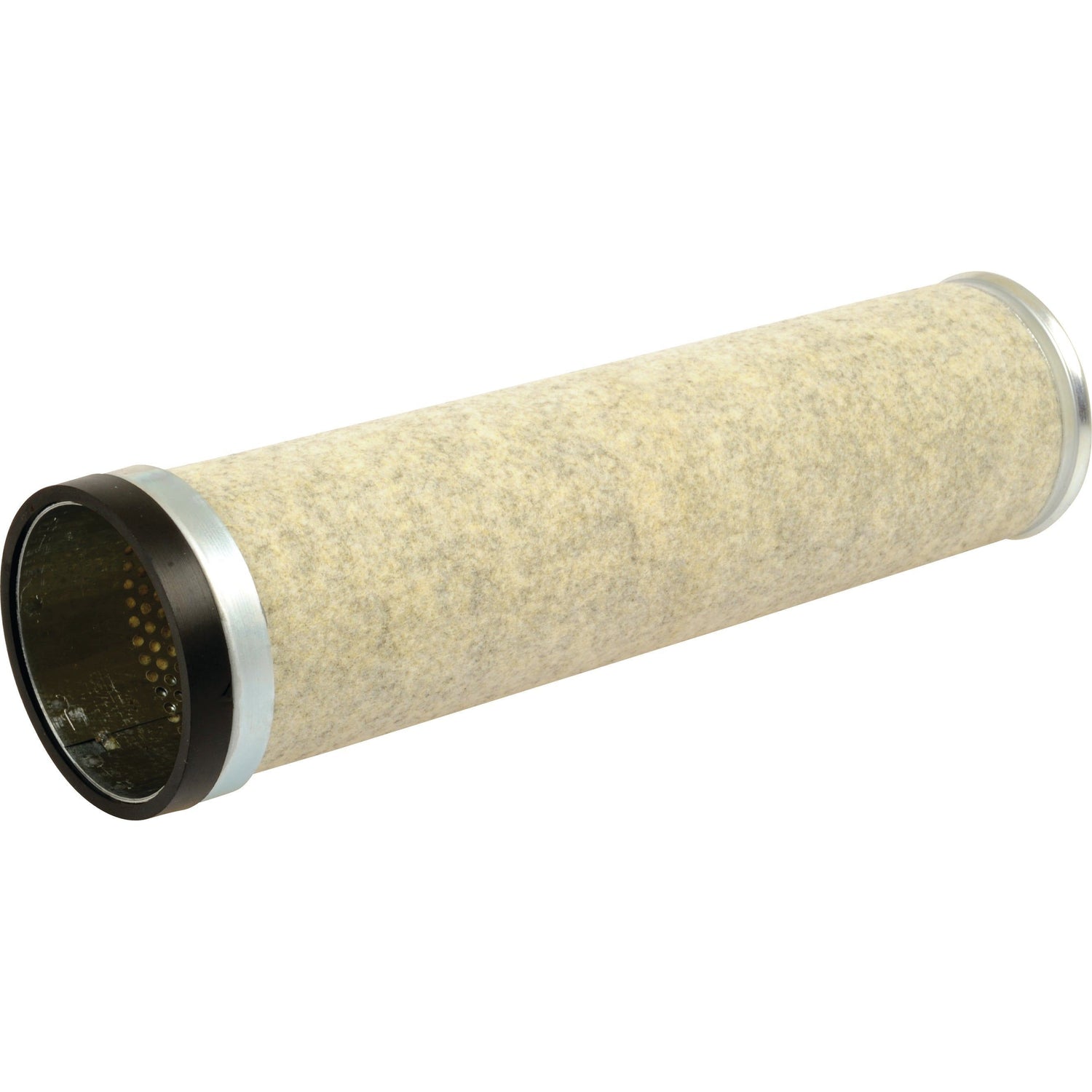Cylindrical air filter with a felt-like outer surface, metal caps on both ends, and an open interior. Compatible with Deutz-Fahr machinery and available under Sparex as the Air Filter - Inner - AF25425 (Sparex Part No.S.76681).