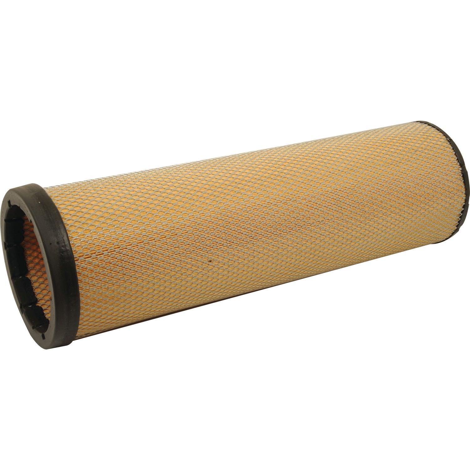 A cylindrical Sparex Air Filter - Inner - AF25596M (Sparex Part No. S.76905) with a yellow mesh exterior and black rubber ends.