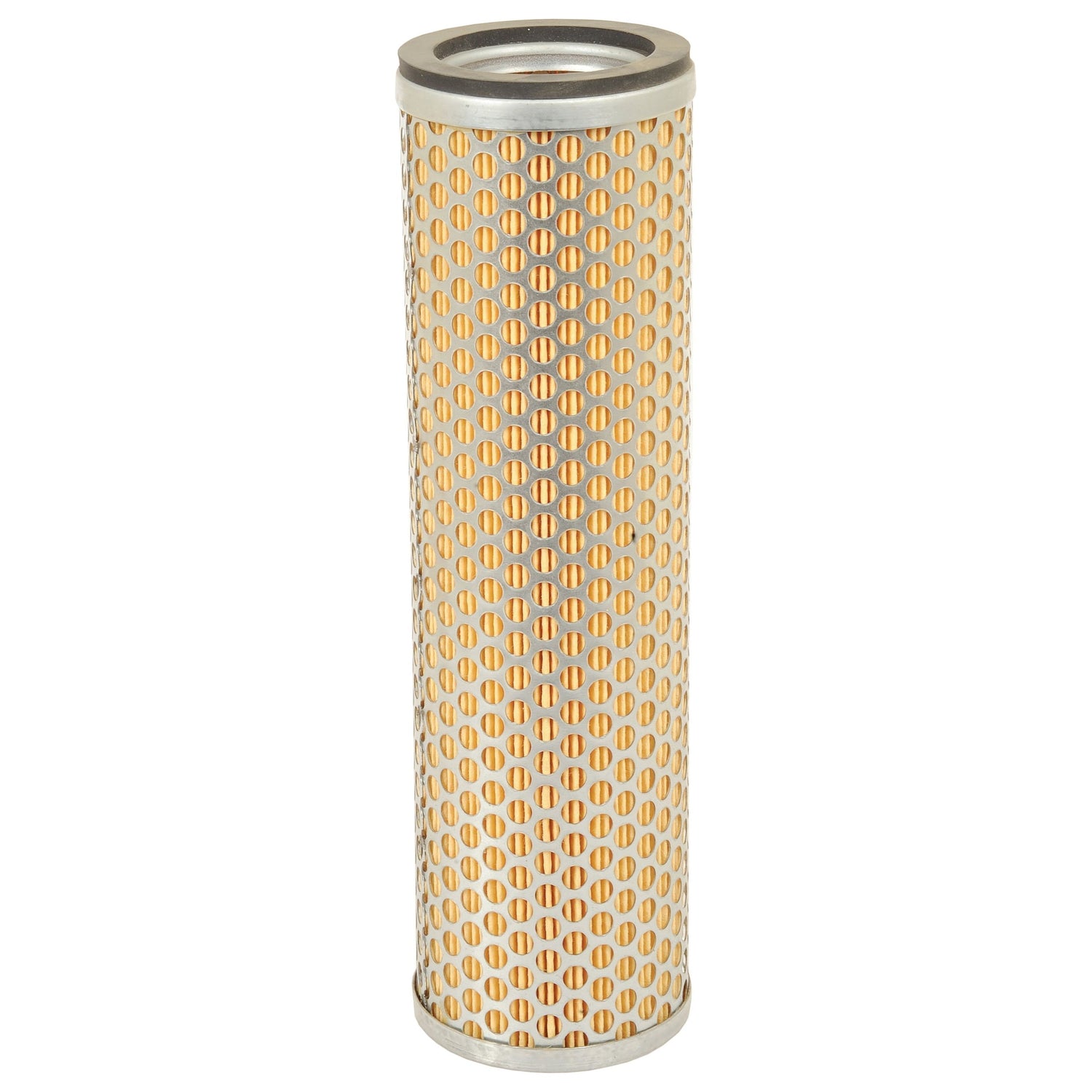 A cylindrical perforated metal Air Filter - Inner - AF4511 (Sparex Part No.S.76931) by Sparex, featuring a yellow and silver pattern, standing upright against a plain white background.