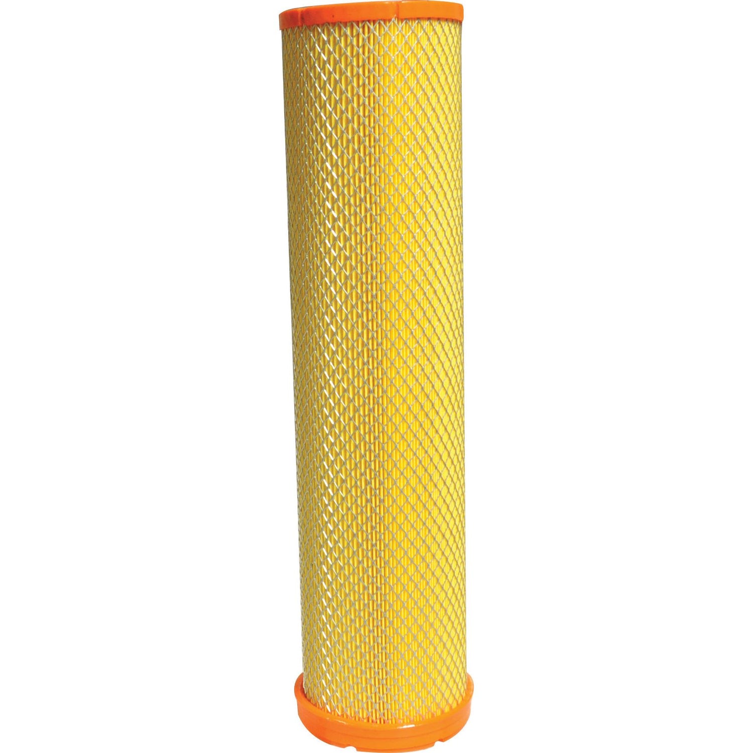 The Sparex Air Filter - Inner (Sparex Part No. S.118343) features a cylindrical design with a yellow mesh exterior and orange end caps, and is suitable for Ford/New Holland models.