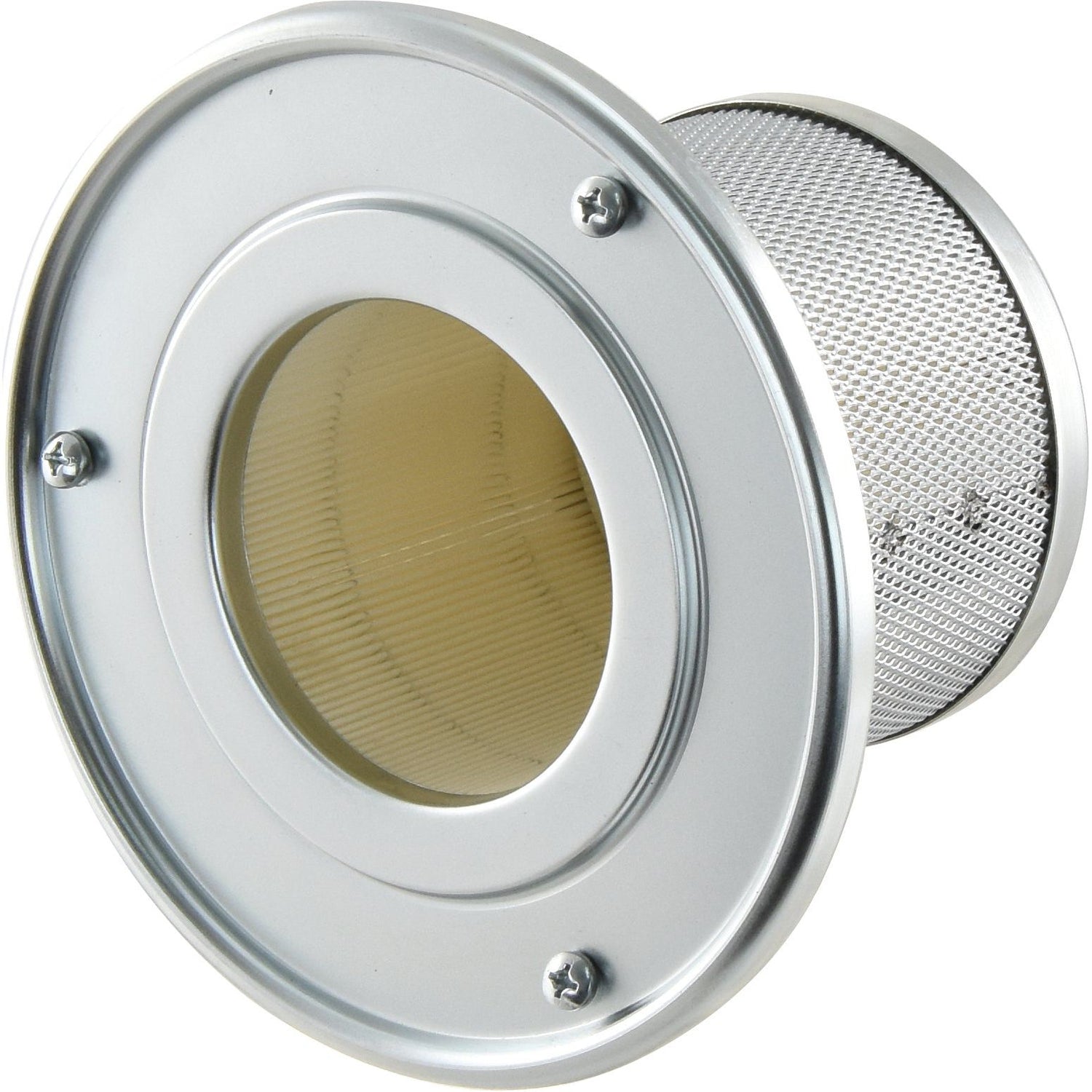 The Sparex Air Filter - Inner (Sparex Part No. S.148230) features a metallic cylindrical design with a circular, mesh-covered exterior and a flat, round end secured by three screws, incorporating a transparent center.