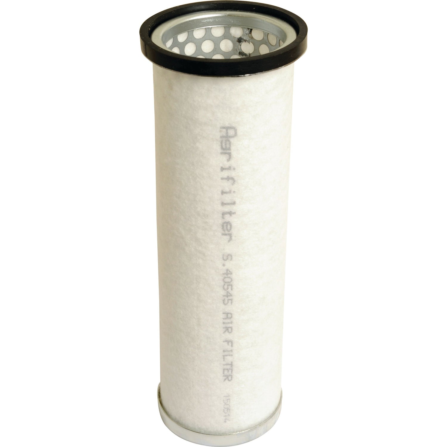 A cylindrical air filter with a metal top and bottom, labeled "Air Filter - Inner | Sparex Part No. S.40545" on a white surface, suitable for use in Perkins engines and Massey Ferguson tractors.