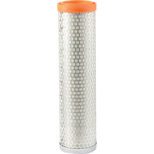 A cylindrical metal filter with small circular perforations and orange plastic caps on both ends, resembling the Sparex Air Filter - Inner | Sparex Part No.S.40550 typically used in Massey Ferguson machinery.