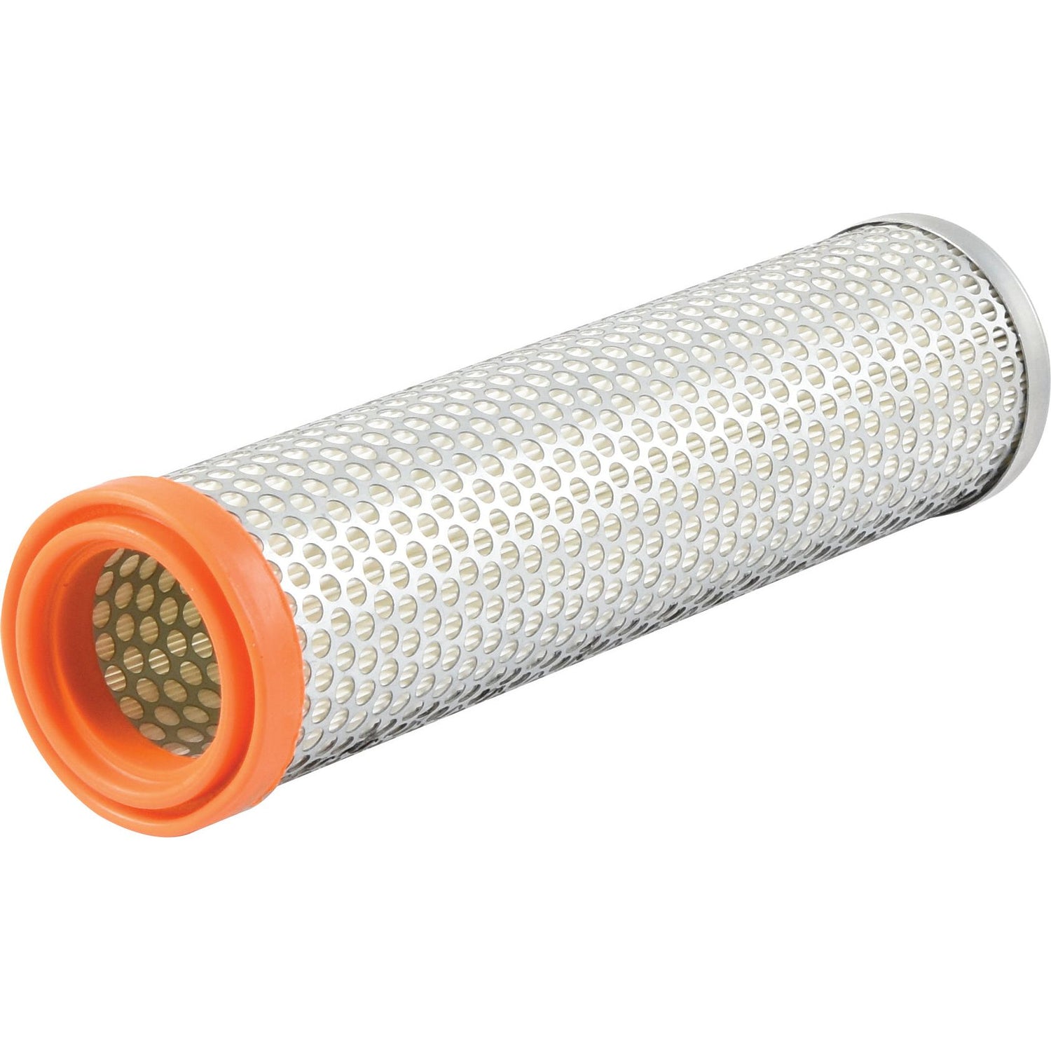 The Sparex Air Filter - Inner (Sparex Part No.S.40550), featuring a cylindrical metal body with a perforated exterior and an orange rubber end, is ideal for Massey Ferguson dry type air cleaners.