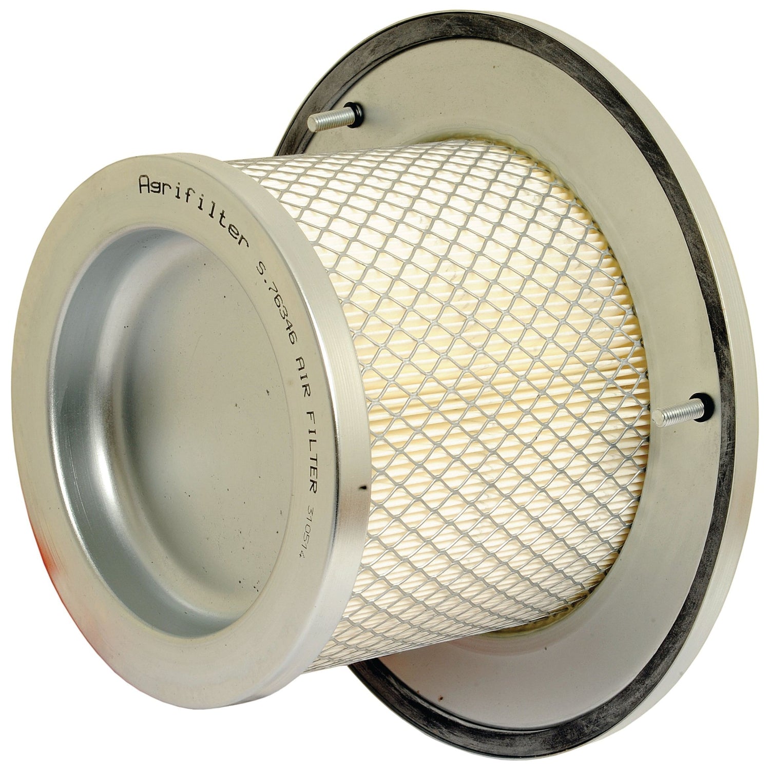 A cylindrical air filter with a white metal casing and a mesh covering is shown. It features the text "Sparex S-76346 AIR FILTER" and is compatible with various John Deere models.
