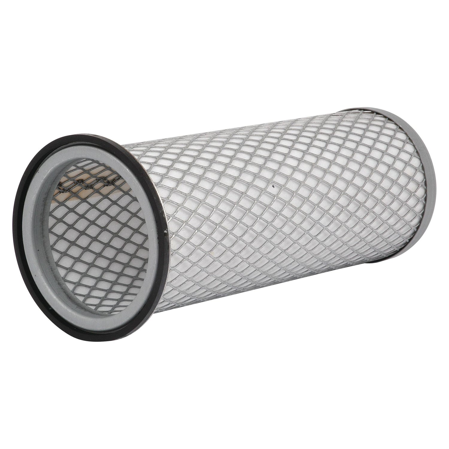 A cylindrical metal mesh air filter with a black rubber rim is shown, lying horizontally on a white background. This Sparex Air Filter - Inner (Sparex Part No. S.76736) component is compatible with various Massey Ferguson models, ensuring optimal performance and durability.