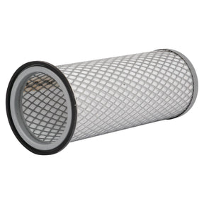 A cylindrical metal mesh air filter with a black rubber rim is shown, lying horizontally on a white background. This Sparex Air Filter - Inner (Sparex Part No. S.76736) component is compatible with various Massey Ferguson models, ensuring optimal performance and durability.
