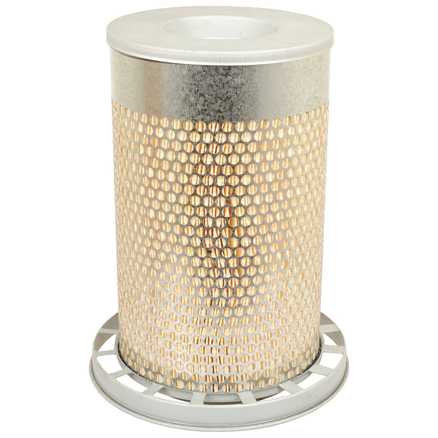 The Sparex Air Filter - Outer (AF25300 | S.76665) is a cylindrical filter with a perforated metal exterior and pleated filter material inside, ideal for John Deere equipment.