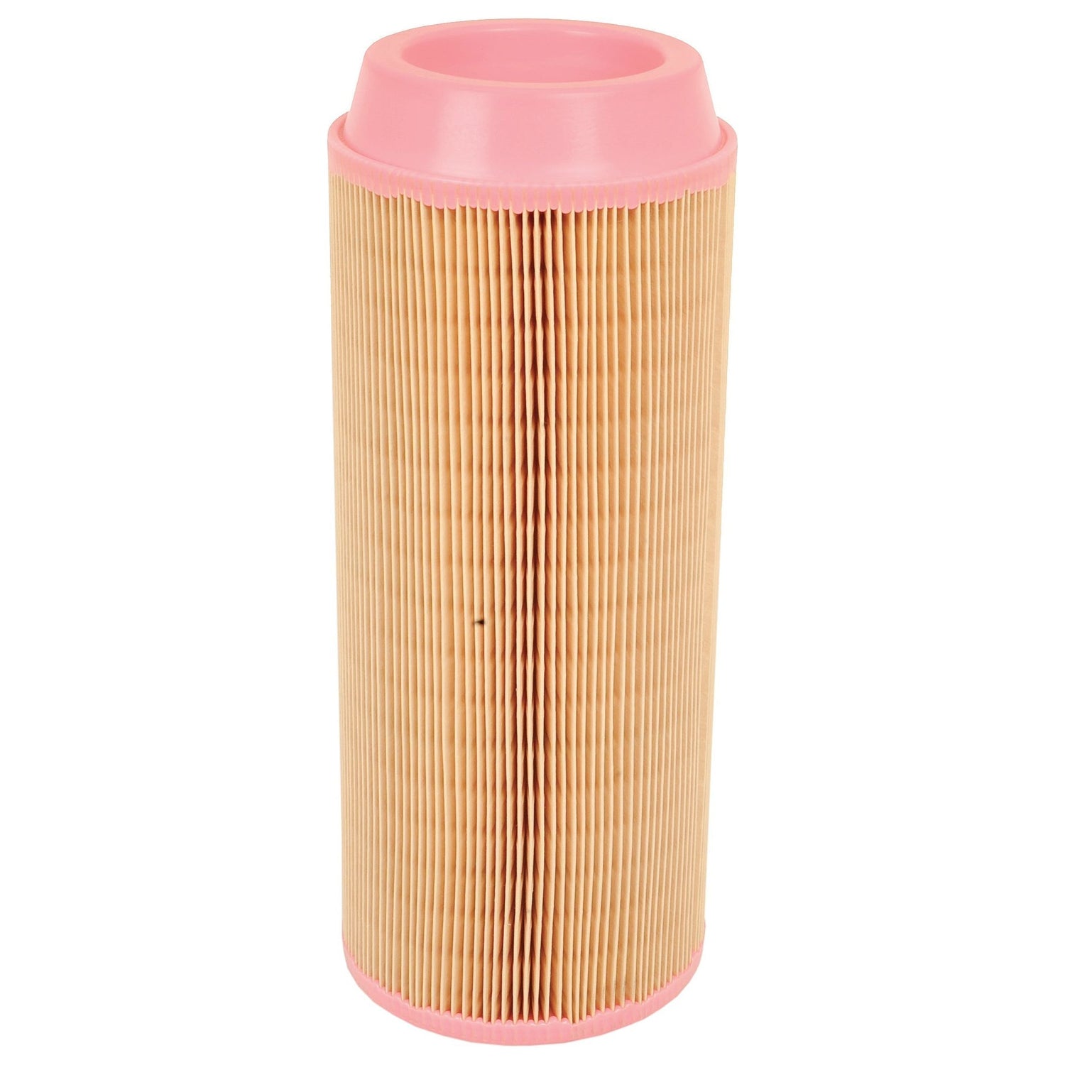 Image of a cylindrical Sparex Air Filter - Outer - AF26389 (Sparex Part No.S.76657) with pink caps at both ends and a pleated brown paper body, compatible with Massey Ferguson tractors, similar to the Fleetguard AF26389.