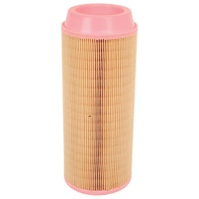 Image of a cylindrical Sparex Air Filter - Outer - AF26389 (Sparex Part No.S.76657) with pink caps at both ends and a pleated brown paper body, compatible with Massey Ferguson tractors, similar to the Fleetguard AF26389.