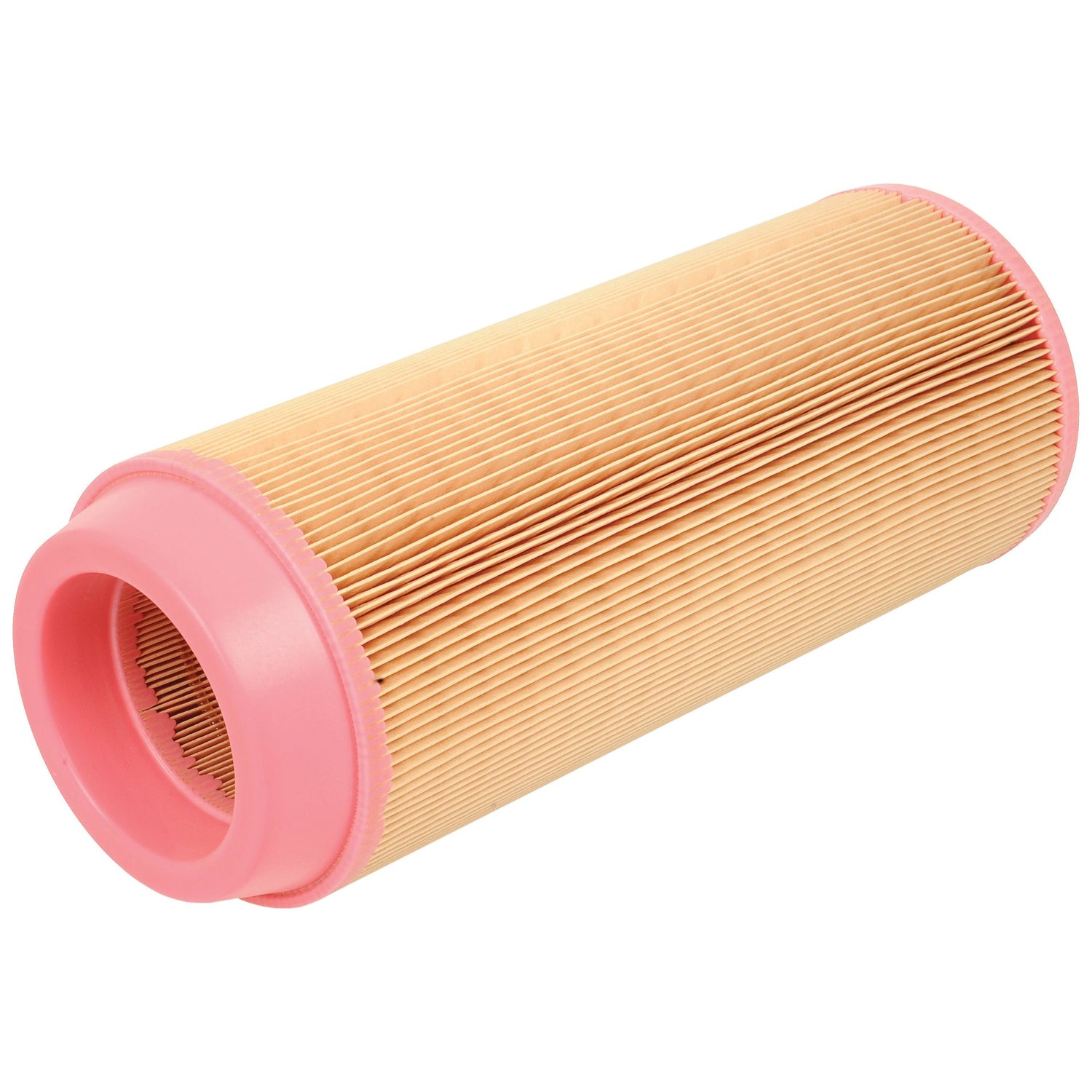 A cylindrical air filter with pleated paper and pink rubber end caps, compatible with Massey Ferguson, offering reliable performance as the Sparex Air Filter - Outer - AF26389 (Sparex Part No.S.76657).