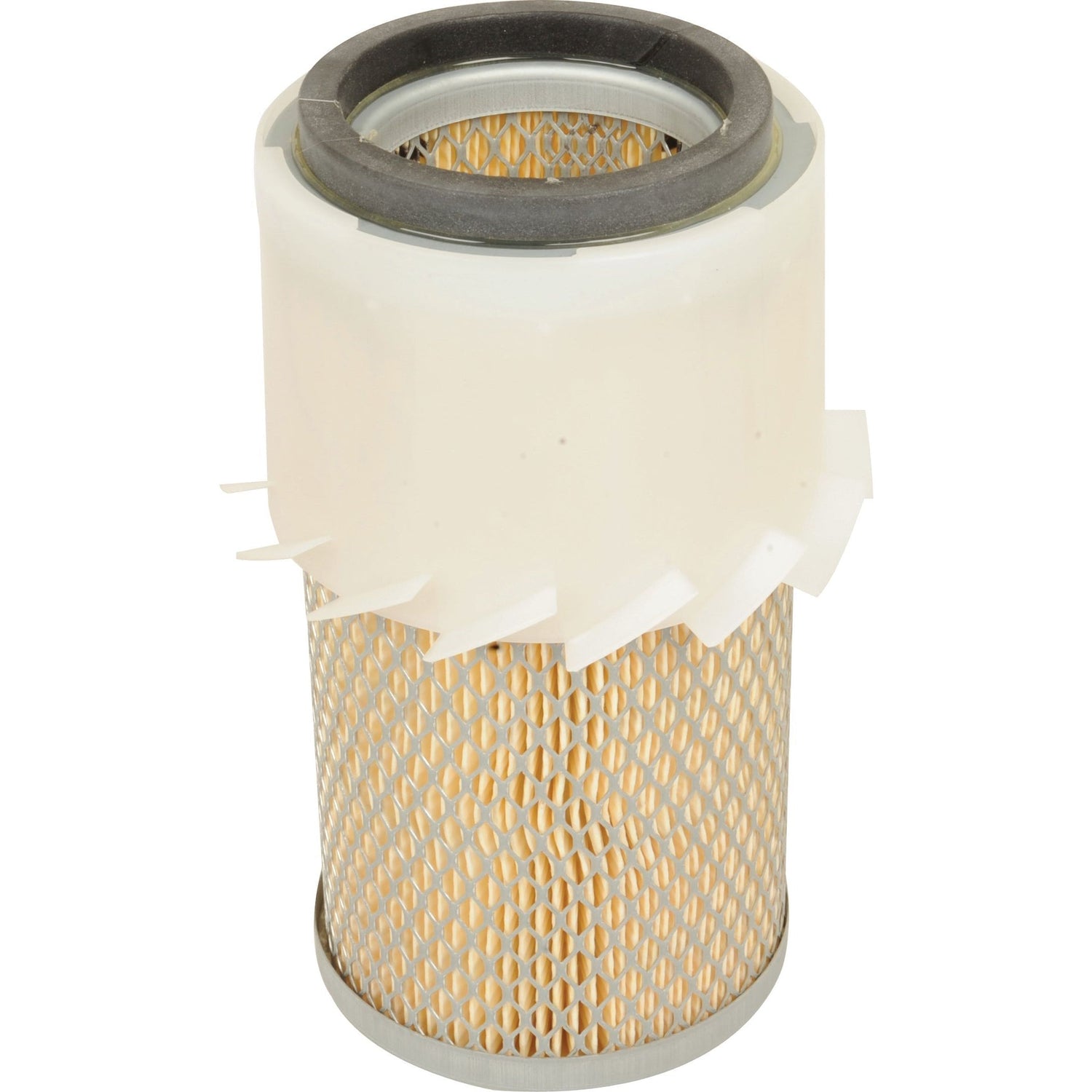 Image of a cylindrical air filter, Air Filter - Outer - AF4973K (Sparex Part No.S.70959), with a white plastic top and a metal mesh body from Sparex.