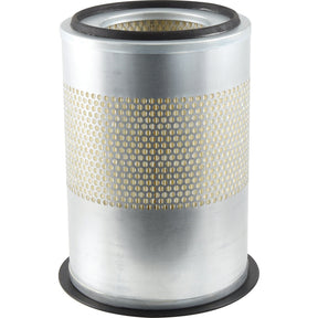 The Sparex Air Filter - Outer (Sparex Part No.S.148223) is designed specifically for Ford/New Holland models and features a durable metal casing with a perforated outer layer, along with black rubber gaskets on both the top and bottom.