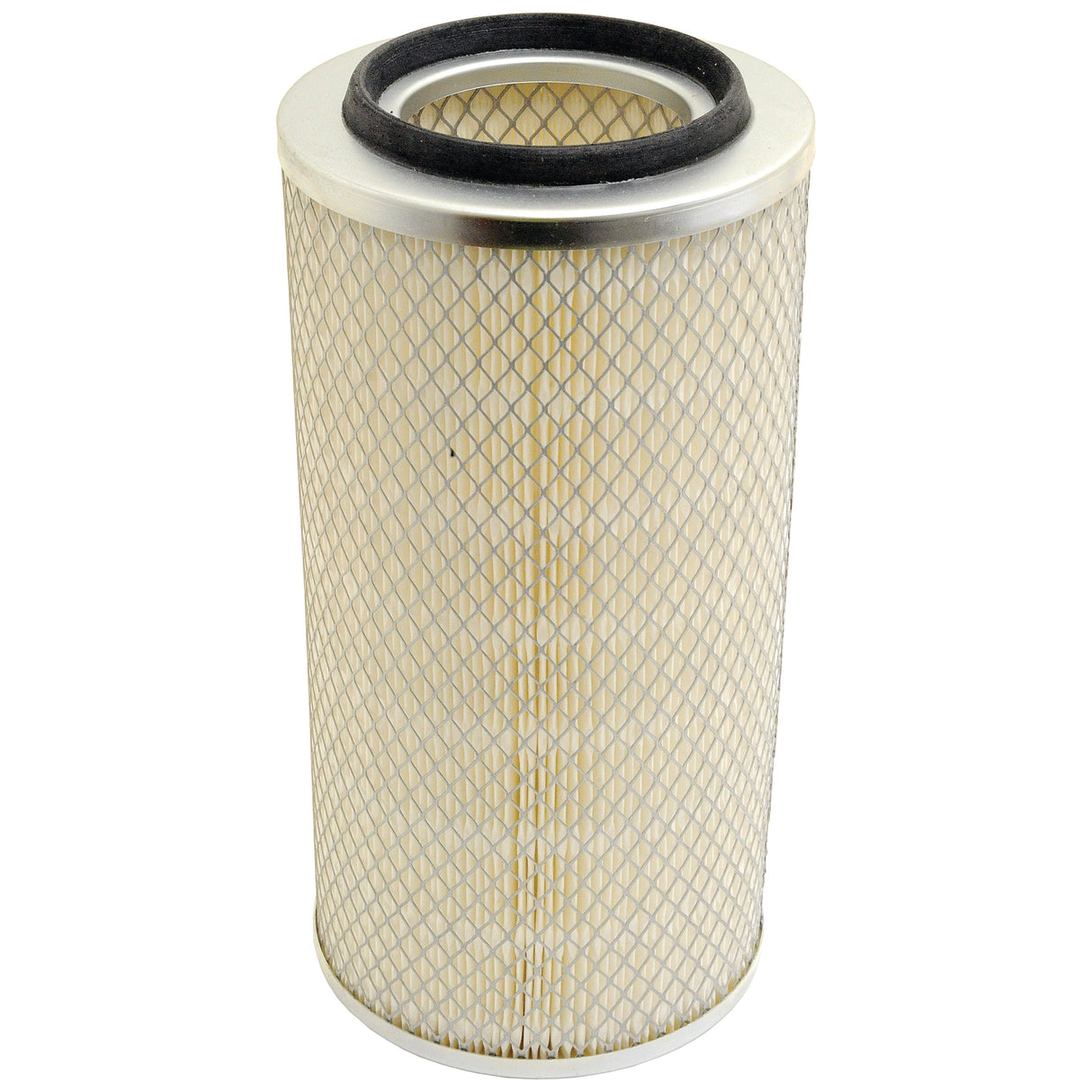 The Sparex Air Filter - Outer (Part No. S.76661) features a cylindrical design with a white mesh exterior, metal end caps, and a black rubber gasket at the top, making it ideal for Deutz-Fahr machinery. This Sparex Agrifilter ensures optimal performance and durability.