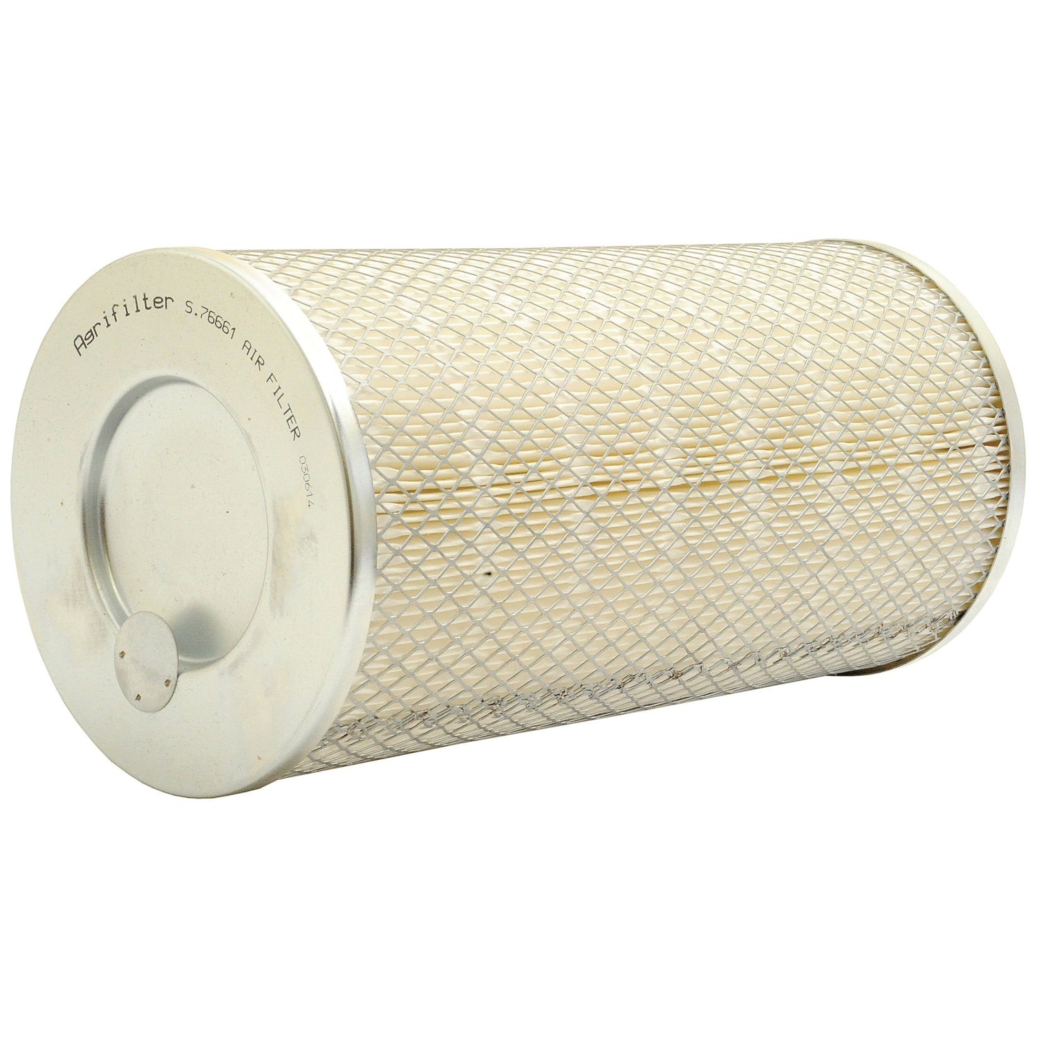 The Sparex Air Filter - Outer (Part No. S.76661) features a cylindrical design with a silver metal end cap and a mesh-covered paper element at its core, making it compatible with Deutz-Fahr tractors.