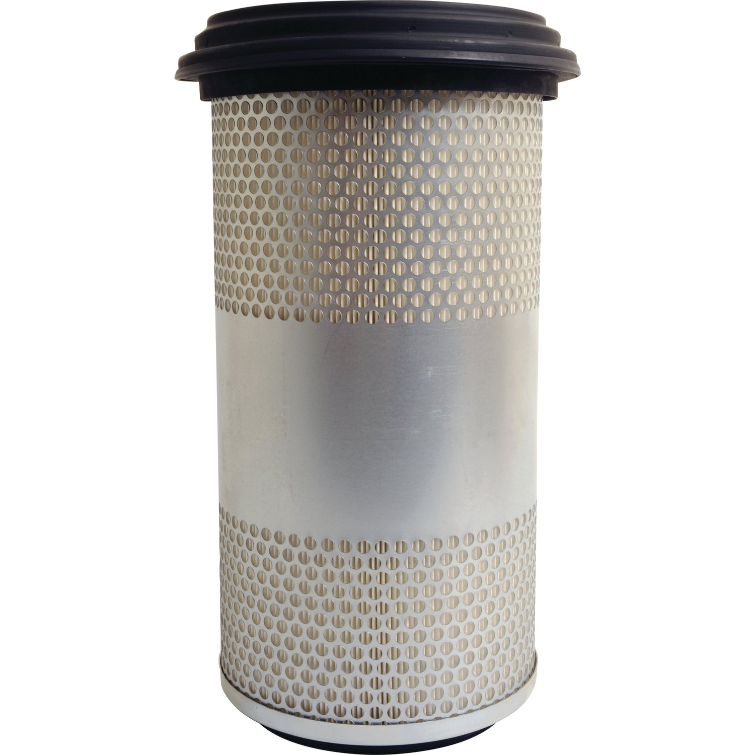 The Sparex (Agrifilter) Air Filter - Outer (Part No. S.76782) is a cylindrical metal air filter featuring perforated sides and black top and bottom caps, specifically designed for automotive or industrial applications. This high-performance air filter ensures optimal engine efficiency.