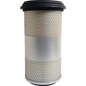 The Sparex (Agrifilter) Air Filter - Outer (Part No. S.76782) is a cylindrical metal air filter featuring perforated sides and black top and bottom caps, specifically designed for automotive or industrial applications. This high-performance air filter ensures optimal engine efficiency.
