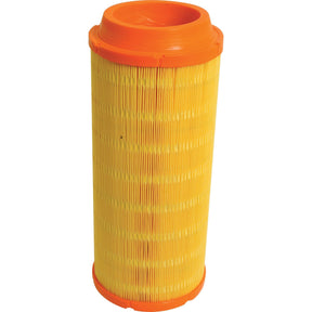 An outer air filter (Sparex Part No. S.76824) from Sparex, featuring a cylindrical, yellow pleated design with orange end caps, stands upright against a white background and is perfect for your Deutz-Fahr AGROTRON.