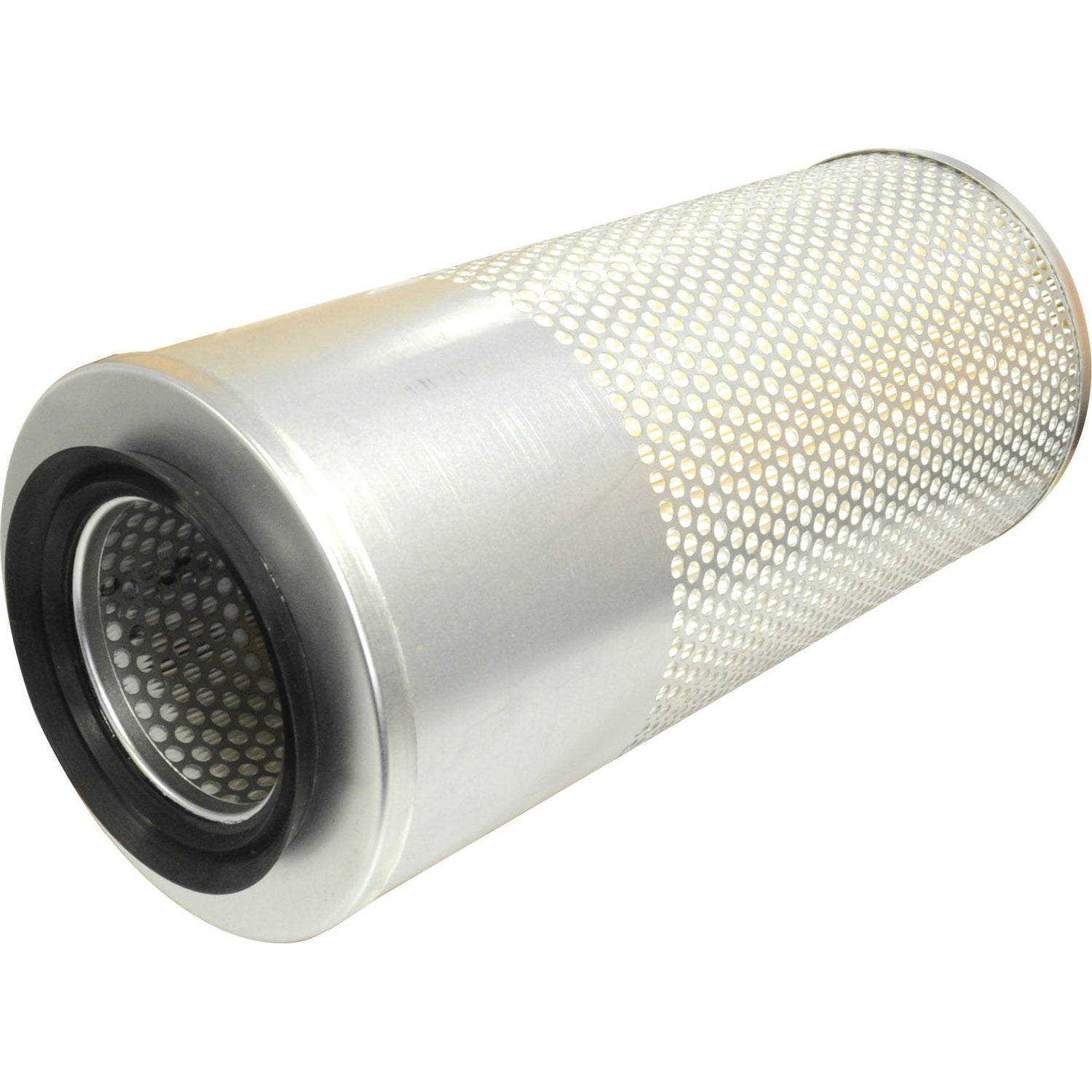 A Sparex Air Filter - Outer (Part No. S.76832) is a cylindrical metal filter with a perforated outer casing and rubberized ends, designed for use in machinery or vehicles.