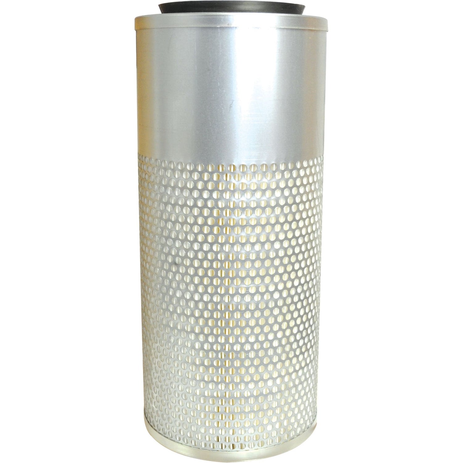 Image of a cylindrical metal perforated air filter cartridge with a solid top and bottom, comparable in quality to Sparex's Air Filter - Outer | Sparex Part No.S.76832.