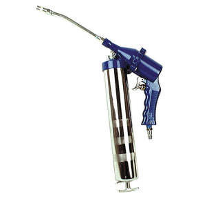 The Sparex Air Grease Gun - S.14735 is a blue and silver tool featuring a flexible hose, a pistol grip handle, and a bright zinc plated finish.