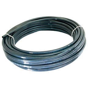 The Air Line Pipe (25m) by Sparex (Part No. S.35700) is a black plastic hose coiled and secured with white ties, optimized to meet high standards of product specifications. Perfect for any project requiring precision, including those involving M6 x 1mm fittings, this product exemplifies quality and durability by Sparex.