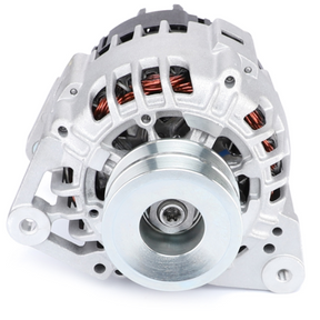 A close-up view of the AGCO Massey Ferguson Alternator 120amp - 3821976M92, featuring a metal casing, visible copper wiring, and a circular pulley at the front, akin to those used in Massey Ferguson 7400 Series tractors.