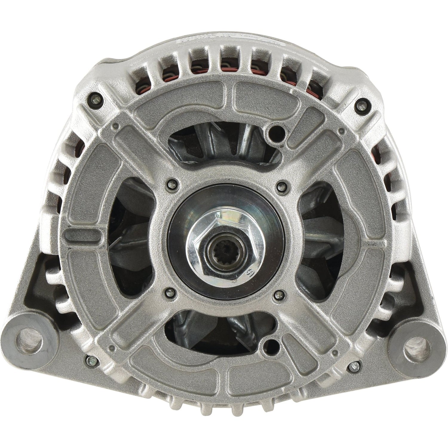 Close-up view of the front side of an AGCO Alternator (Mahle) - 14V, 150 Amps - 4281878M93 for an automobile, showing the central circular opening and surrounding venting structures.