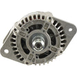 Close-up view of the Sparex Alternator (Mahle) - 14V, 150 Amps | Sparex Part No. S.360980, featuring a metal case with multiple cooling vents, highlighting its circular structure and central shaft.