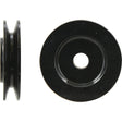 Two black Sparex Alternator Pulley - S.35914 wheels are shown from side (left) and front (right) views on a white background. Each wheel, featuring a single groove pulley design and belt top width measurements, has a central hole.