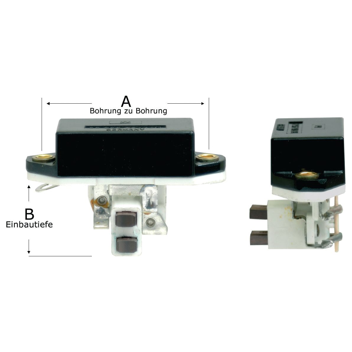 Two views of a black electrical component with labels A (Bohrung zu Bohrung) and B (Einbautiefe). The first view is from the front, showing the mounting holes, while the second view offers a side perspective. This Sparex Alternator Regulator (Sparex Part No. S.36004) is designed for precise installation and reliability.
