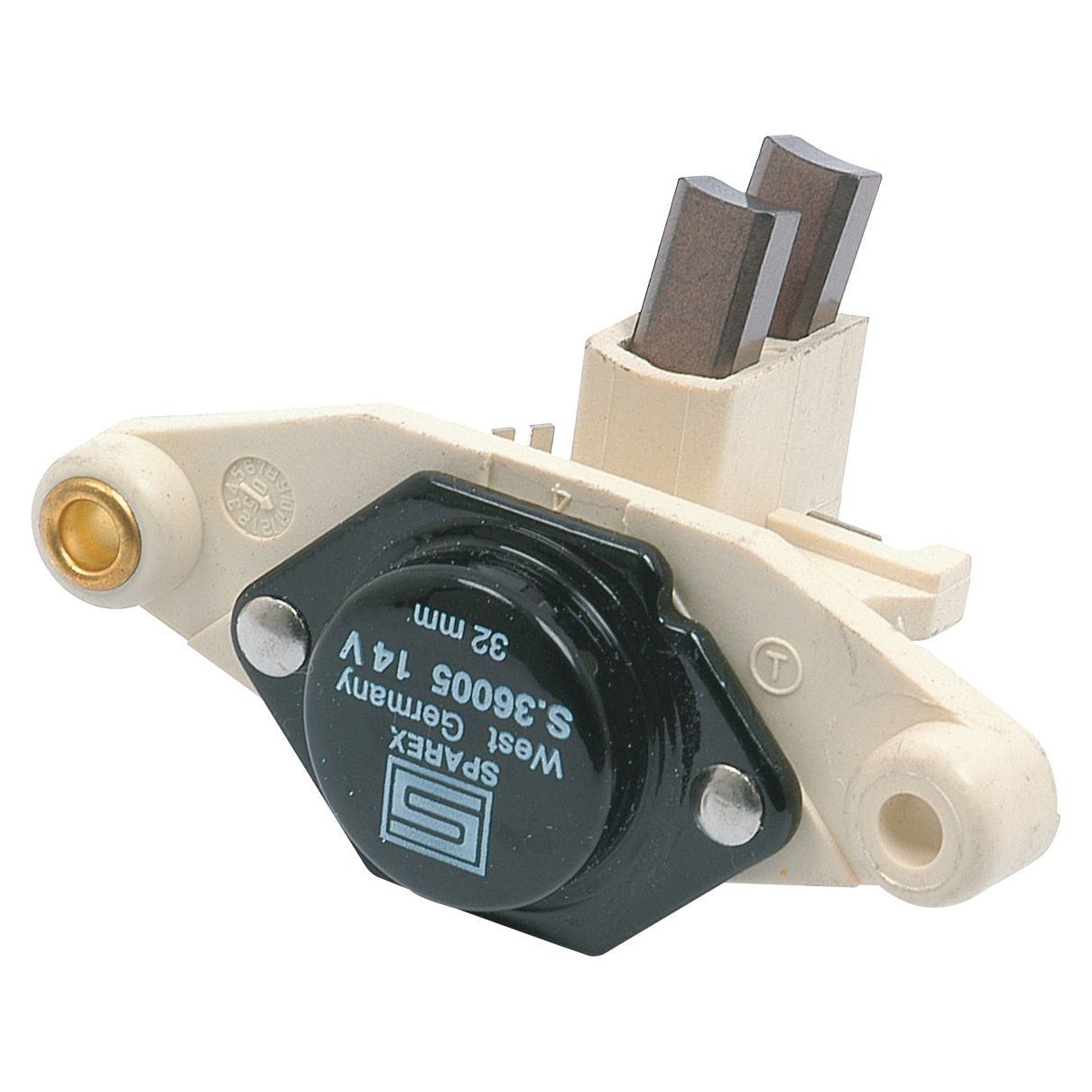 A close-up image of a Sparex Alternator Regulator (Sparex Part No. S.36005), featuring metallic terminals and a plastic casing, essential for three-phase generators. The text on it reads "5-3005 14V 32 mm W Germany.