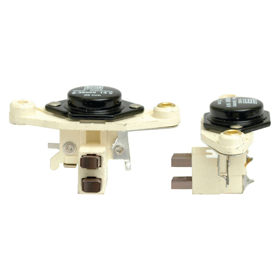 Two views of a Sparex Alternator Regulator (Sparex Part No. S.36005) featuring a black, round component on a beige bracket with metal connectors, essential for three-phase generators.