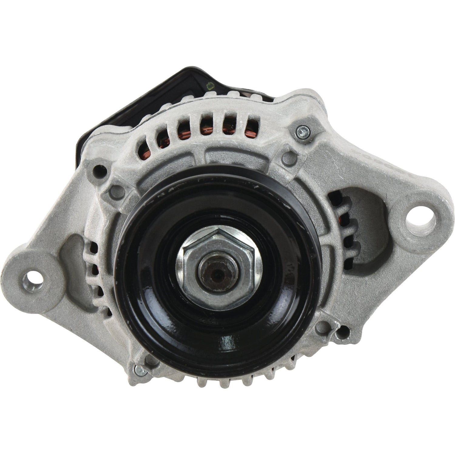 A Sparex Alternator (12V, 40 Amps) with part number S.150804, featuring a central black pulley with a single groove and multiple mounting points, specifically designed for John Deere vehicles.
