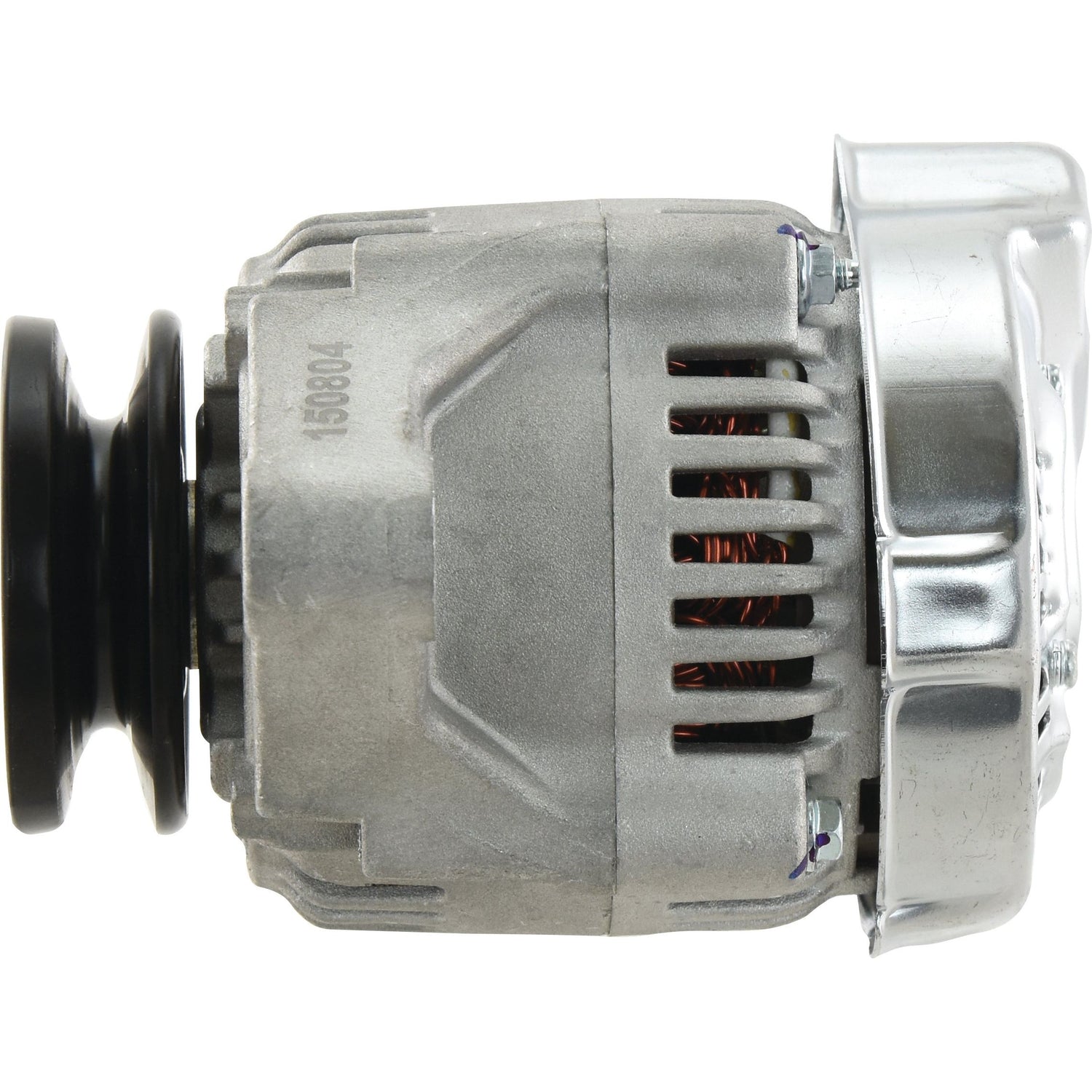 A side view of the Sparex Alternator (12V, 40 Amps, Sparex Part No.S.150804) showcases its metal construction with visible cooling fins, single groove pulley, and silver housing.