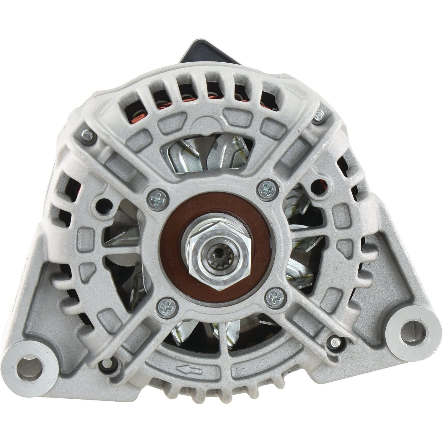 Close-up view of the Alternator (Sparex) - 12V, 90 Amps | Sparex Part No.S.150729 with visible fan blades and mounting holes, capable of handling 90 Amps. Suitable for John Deere machinery.