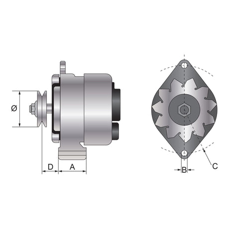 Technical drawing of a Sparex Alternator Pulley, showing side and top views with labeled measurements A, B, C, D, and Ø. The top view depicts the internal configuration with symmetrical design elements. Product Name: Alternator (Sparex) - 12V, Amps | Sparex Part No.S.150766. Brand Name: Sparex.

