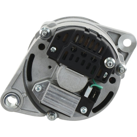 Close-up view of the rear side of the Alternator (Sparex) - 12V, Amps | Sparex Part No.S.150766, showing the electrical connectors and mounting points with a blend of metallic and plastic construction. Notice how similar the design is to that of a Fiat Tractor Pulley, highlighting robust engineering and efficiency characteristic of Sparex products.