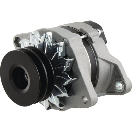 An automotive alternator in silver and black, featuring a Sparex Double Groove Pulley and cooling fins, designed to charge a vehicle's battery and power its electrical system. This product is the Alternator (Sparex) - 12V, Amps | Sparex Part No.S.150766 from the brand Sparex.